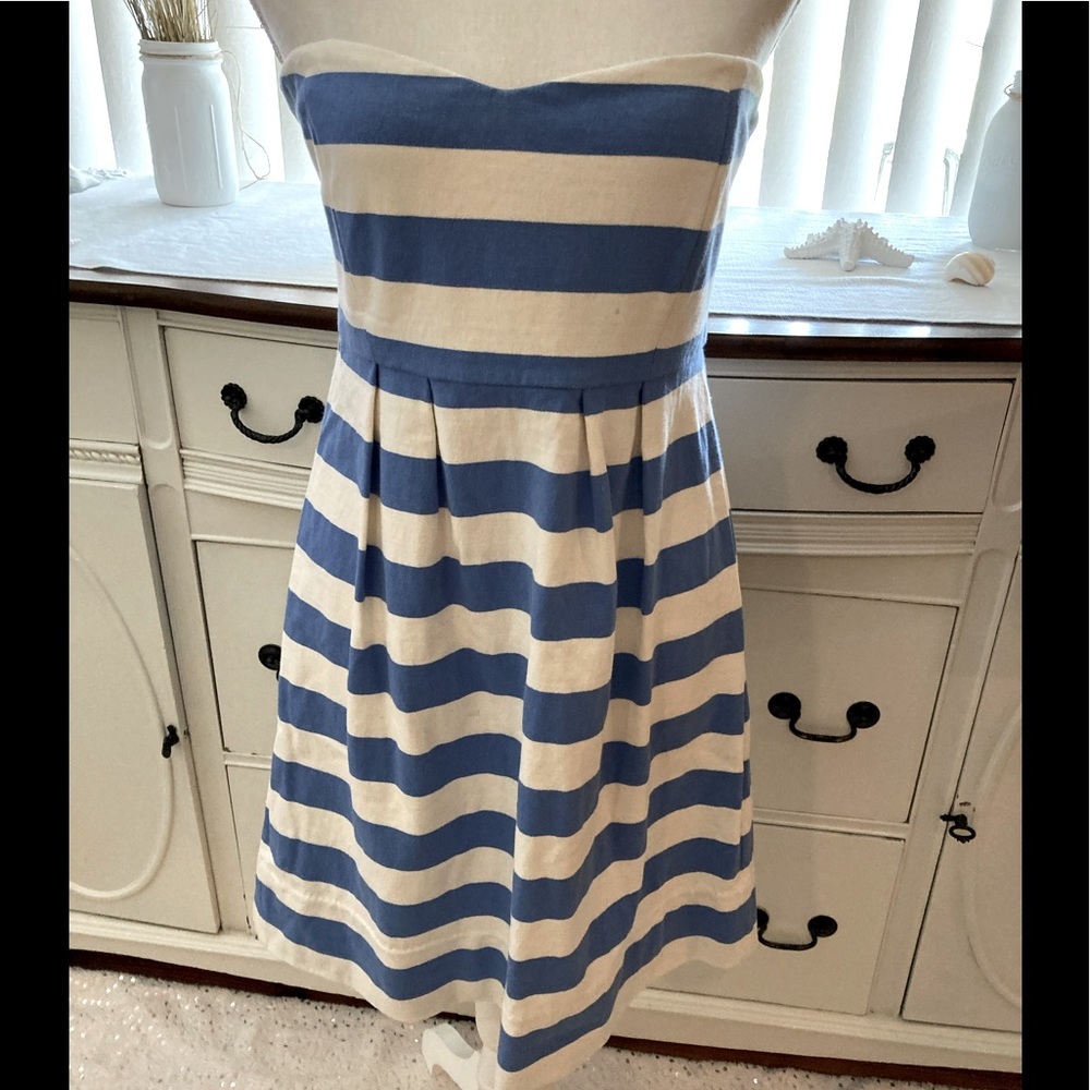 J Crew Blue & White striped Strapless Dress Sz 8